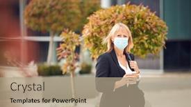  Presentation with takeaway coffee - Cool new slide set with mature-businesswoman-with-takeaway-coffee backdrop and a coral colored foreground