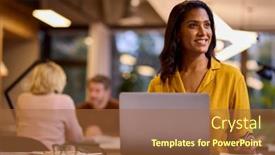  Presentation with desk - Theme featuring mature-businesswoman-working-on-laptop background and a  colored foreground