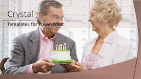  Presentation with birthday cake - Presentation design having mature caucasian couple holding birthday cake looking at each other background and a coral colored foreground