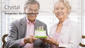  Presentation with birthday cake - Audience pleasing presentation theme consisting of mature caucasian couple holding birthday cake looking at viewer backdrop and a soft green colored foreground
