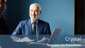  Presentation with business partner - Presentation design featuring mature caucasian entrepreneur sitting at desk with laptop and papers listening to business partner and smiling cheerfully background and a ocean colored foreground