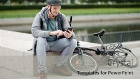  Presentation with bicycle - Amazing PPT theme having mature-caucasian-man-in-bicycle backdrop and a light gray colored foreground