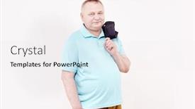  Presentation with trousers - Slide deck having mature cheerful man wearing blue shirt and brown trousers standing with hand in pocket holding blue jacket over his shoulder and smiling against white wall - happy retirement concept background and a white colored foreground
