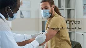  Presentation with medical vaccine - Slide set with mature-clinician-in-protective-mask background and a coral colored foreground