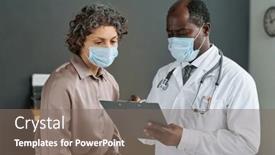  Presentation with prescriptions - PPT theme featuring mature-confident-doctor-in-mask background and a gray colored foreground