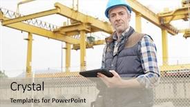  Presentation with construction work - Beautiful presentation theme featuring mature construction worker inspecting work backdrop and a soft green colored foreground