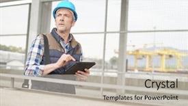  Presentation with construction work - Presentation theme featuring mature construction worker inspecting work background and a  colored foreground