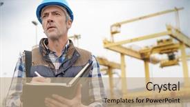  Presentation with safety first - Presentation featuring mature construction worker inspecting work background and a coral colored foreground
