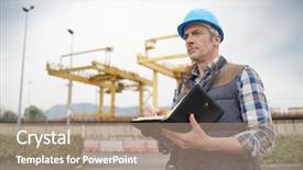  Presentation with safety first - Beautiful presentation design featuring mature construction worker inspecting work backdrop and a  colored foreground