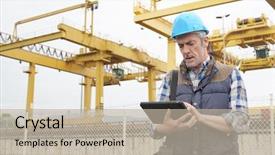  Presentation with safety first - Presentation design having mature construction worker inspecting work background and a  colored foreground