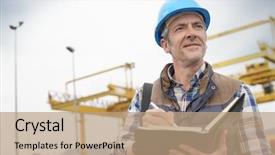  Presentation with safety first - Cool new presentation design with mature construction worker inspecting work backdrop and a  colored foreground