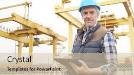  Presentation with safety first - Presentation theme consisting of mature construction worker inspecting work background and a  colored foreground