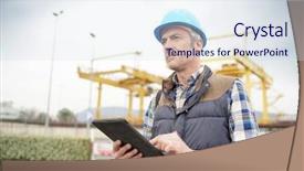  Presentation with safety first - Presentation theme featuring mature construction worker inspecting work background and a  colored foreground