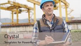  Presentation with construction work - Presentation enhanced with mature construction worker inspecting work background and a  colored foreground