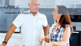  Presentation with cooking - Beautiful theme featuring mature-couple-cooking-at-home backdrop and a light blue colored foreground