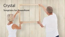  Presentation with wooden floor and gold frame - Slides consisting of mature couple hanging up picture background and a  colored foreground