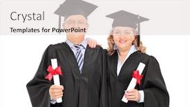  Presentation with graduation - Colorful presentation theme enhanced with mature couple in graduation gowns with diplomas isolated on white background backdrop and a light gray colored foreground
