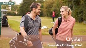  Presentation with golf - Colorful PPT layouts enhanced with mature-couple-playing-round backdrop and a coral colored foreground