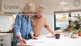  Presentation with investments - Slide deck with mature-couple-reviewing-domestic-finances background and a coral colored foreground