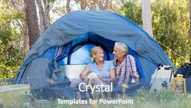  Presentation with camp - Presentation featuring mature couple sitting and looking each other on camp site background and a teal colored foreground