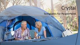  Presentation with camp - Presentation theme featuring mature couple sitting and looking each other on camp site background and a lemonade colored foreground