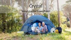  Presentation with camp - PPT theme with mature couple sitting and posing on camp site background and a mint green colored foreground