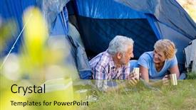  Presentation with camp - PPT theme with mature couple smiling and looking each other on camp site background and a yellow colored foreground