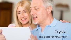  Presentation with tablets wood table tablet white - Audience pleasing slide deck consisting of mature couple using a digital backdrop and a light blue colored foreground