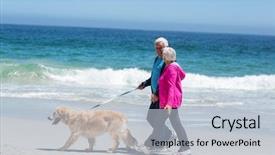  Presentation with walking - Audience pleasing theme consisting of mature couple walking their dog backdrop and a light blue colored foreground