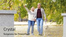  Presentation with dog park animal jack - PPT layouts having mature couple walking their dog background and a lemonade colored foreground
