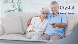  Presentation with television watching - Slide deck with mature couple watching television sitting on the couch background and a sky blue colored foreground