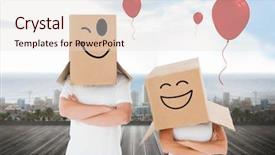  Presentation with heads - Audience pleasing slides consisting of mature couple wearing boxes over their heads against ocean scenic view backdrop and a lemonade colored foreground