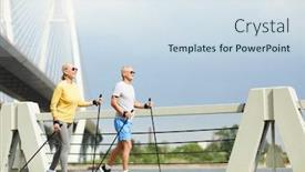  Presentation with trekking - Theme enhanced with mature couple with trekking sticks walking along bridge by riverside in the morning background and a sky blue colored foreground