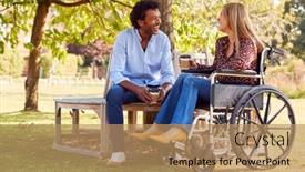  Presentation with wheelchair - Colorful PPT layouts enhanced with mature-couple-with-woman-sitting backdrop and a coral colored foreground