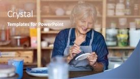  Presentation with clay - PPT theme having mature-craftswoman-painting-a-plate background and a coral colored foreground