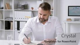  Presentation with director - Slide deck featuring mature-director-of-business-company background and a light gray colored foreground