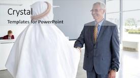  Presentation with director - PPT layouts enhanced with mature director of company handshake with arabian partner background and a lemonade colored foreground