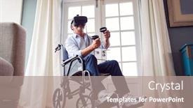  Presentation with virtual reality - Presentation design consisting of mature-disabled-man-in-wheelchair background and a coral colored foreground