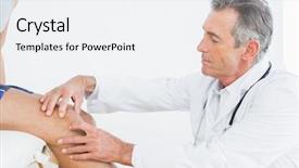  Presentation with doctor office - Colorful slide deck enhanced with mature doctor examining patients knee backdrop and a sky blue colored foreground