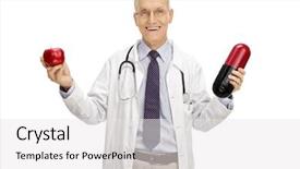  Presentation with joyful - Cool new slide deck with mature doctor holding an apple backdrop and a white colored foreground