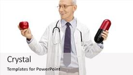  Presentation with few apple crumbs - Presentation theme having mature doctor holding an apple background and a  colored foreground