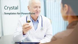  Presentation with pill bottle - Amazing PPT layouts having mature doctor in whitecoat describing backdrop and a sky blue colored foreground