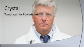  Presentation with lab coat - PPT theme enhanced with mature doctor looking looking serious wearing lab coat healthcare workers in the coronavirus covid19 pandemic background and a light gray colored foreground