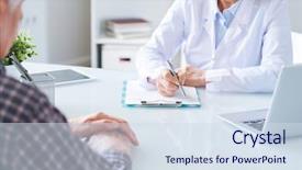  Presentation with paper making - Slide set having mature doctor making prescriptions background and a sky blue colored foreground