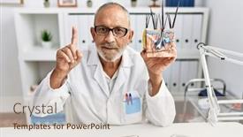  Presentation with skin doctor - PPT theme with mature-doctor-man-holding-model background and a lemonade colored foreground