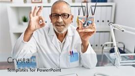  Presentation with skin doctor - Presentation theme having mature-doctor-man-holding-model background and a light blue colored foreground