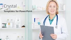  Presentation with clinic observation day - Presentation consisting of mature doctor with clipboard at clinic looking at camera background and a white colored foreground