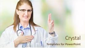  Presentation with medical hand - Audience pleasing theme consisting of mature doctor woman wearing medical backdrop and a soft green colored foreground