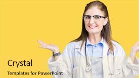  Presentation with woman hands open - Amazing slides having mature doctor woman wearing medical backdrop and a  colored foreground