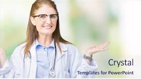 Presentation with woman hands open - PPT layouts consisting of mature doctor woman wearing medical background and a  colored foreground
